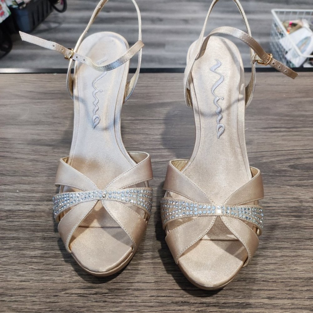 Nina Heels satin upper with Rhinestone leather sole cream gold women's size 11